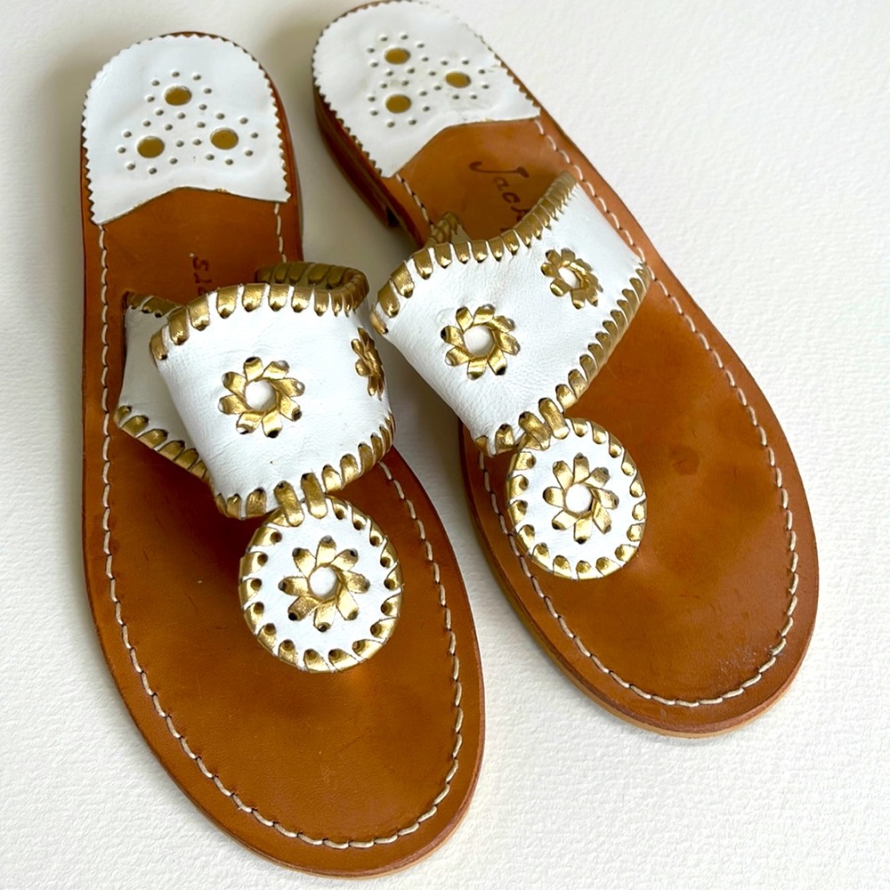Jack Rogers, white leather sandals, with gold trim, eight medium women’s